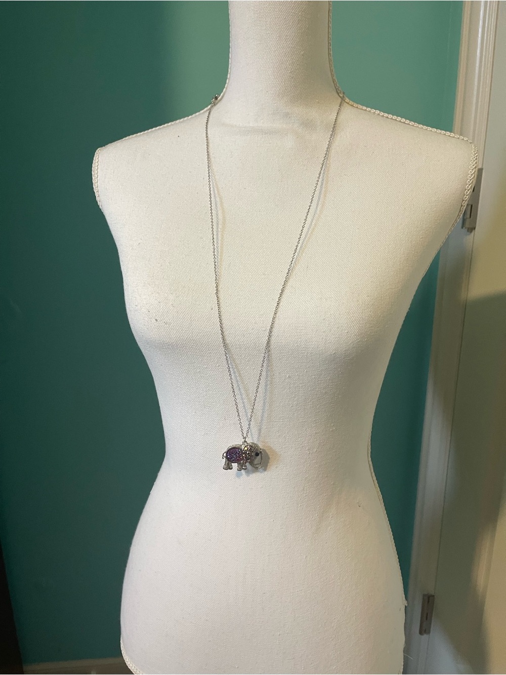 Silver Long Chain Necklace with Purple Elephant Pendant - Women Jewelry